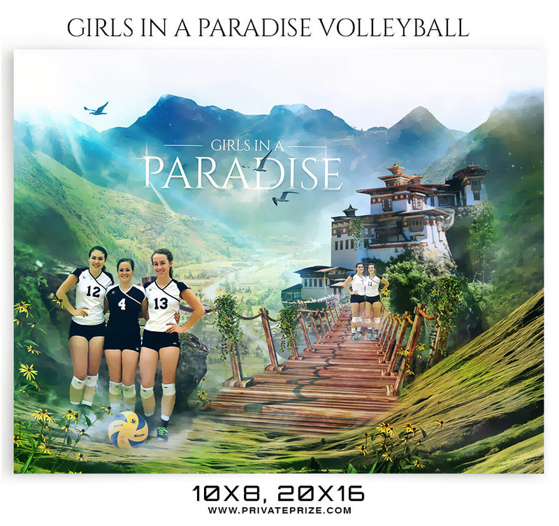 Girls in a Paradise-Volleyball- Themed Sports Photography Template - Photography Photoshop Template